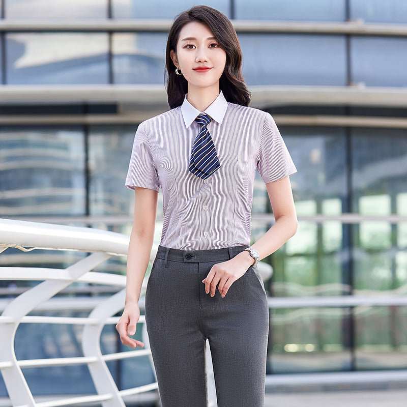 Chemise de travail rayée en coton pour enseignant - Tenue professionnelle formelle - Style identique pour hommes et femmes - Vêtement professionnel - Manches longues et courtes - Tenue de travail pour l'été