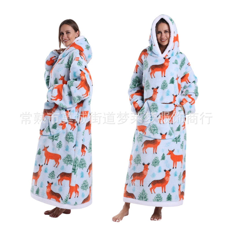 Une génération de sweat à capuche imprimé décontracté, vêtement d'hiver épais et long, chemise de nuit pour couple adulte, étiquetage TK transfrontalier