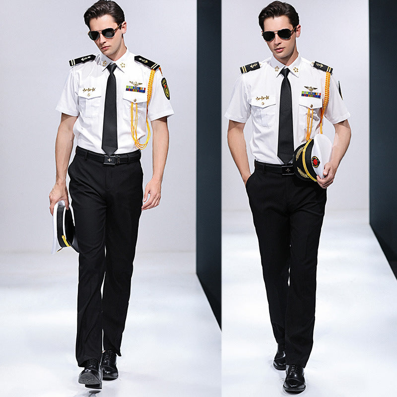 Captain's shirt : Chemise de capitaineSailor's shirt : Chemise de marinCaptain's clothes : Vêtements de capitaineStylist's empty uniform shirt : Chemise d'uniforme vide de stylistePerformance clothes : Vêtements de scène (ou de spectacle)Overalls shirt :