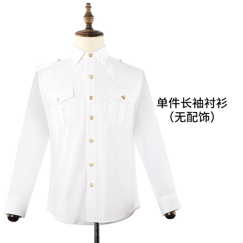 Captain's shirt : Chemise de capitaineSailor's shirt : Chemise de marinCaptain's clothes : Vêtements de capitaineStylist's empty uniform shirt : Chemise d'uniforme vide de stylistePerformance clothes : Vêtements de scène (ou de spectacle)Overalls shirt :