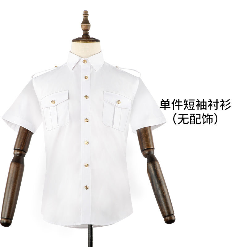 Captain's shirt : Chemise de capitaineSailor's shirt : Chemise de marinCaptain's clothes : Vêtements de capitaineStylist's empty uniform shirt : Chemise d'uniforme vide de stylistePerformance clothes : Vêtements de scène (ou de spectacle)Overalls shirt :