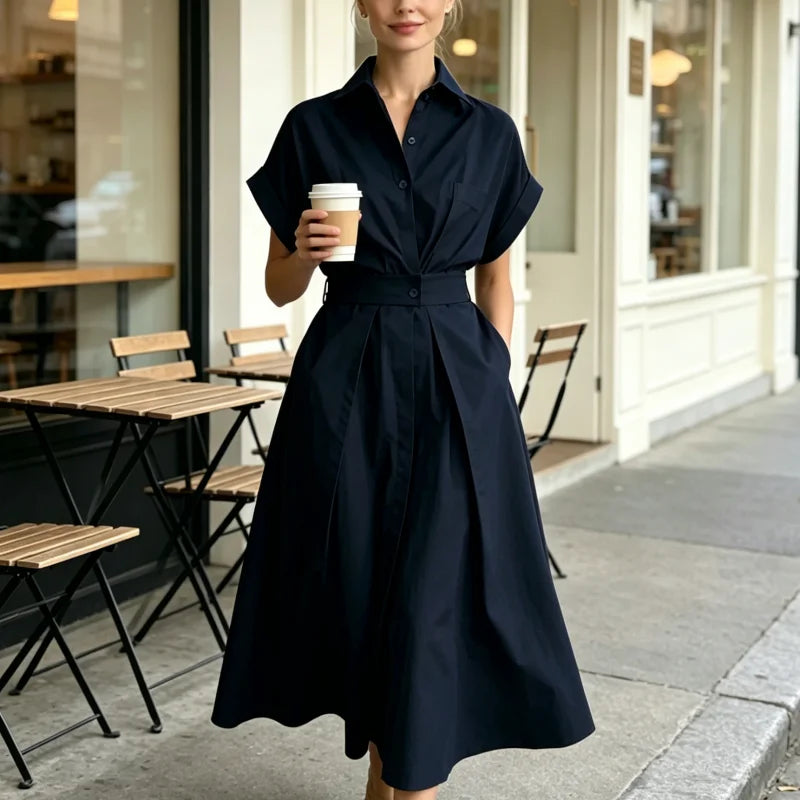Robe longue d'été élégante et ample pour femme, de couleur unie, à manches courtes et boutons, coupe trapèze, taille cintrée, style de soirée, nouvelle mode 2026.