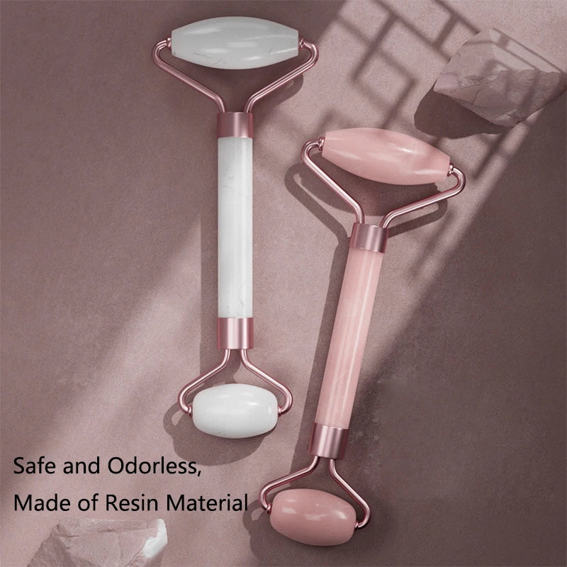 Rouleau de massage pour le visage et le cou et planche Gua Sha en résine (imitation jade ou cristal, non rose) - Outils de soin pour la peau à double embout.