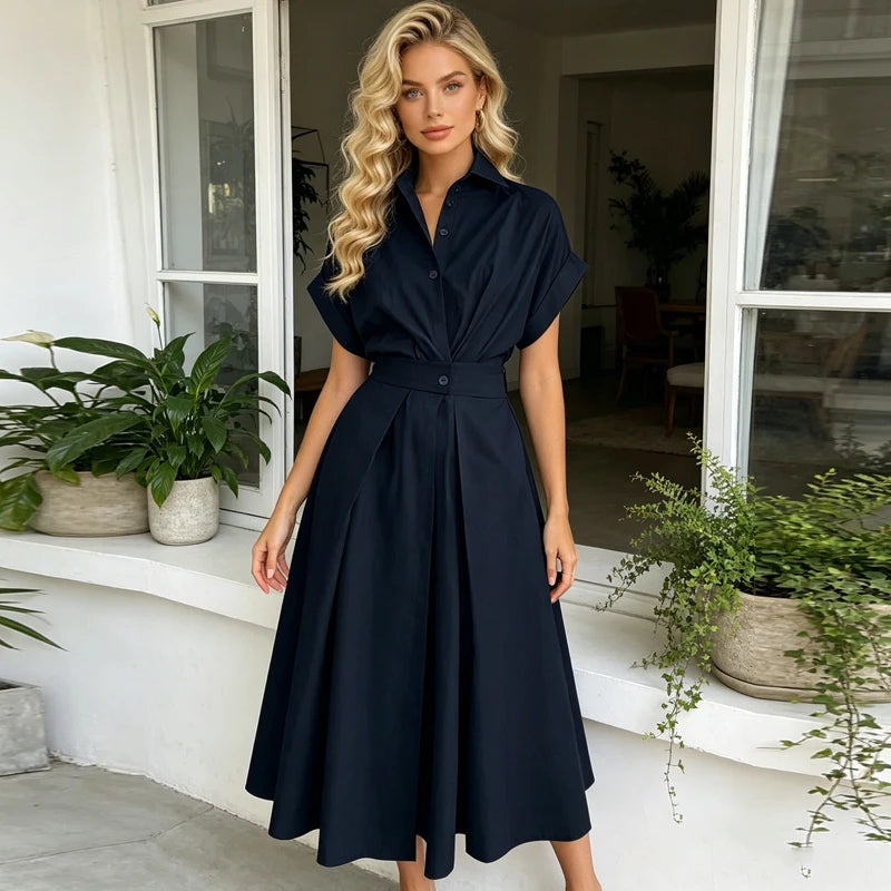 Robe longue d'été pour femme, nouvelle mode, couleur unie, manches courtes, robe de plage et de vacances, élégante, taille haute et coupe ajustée.