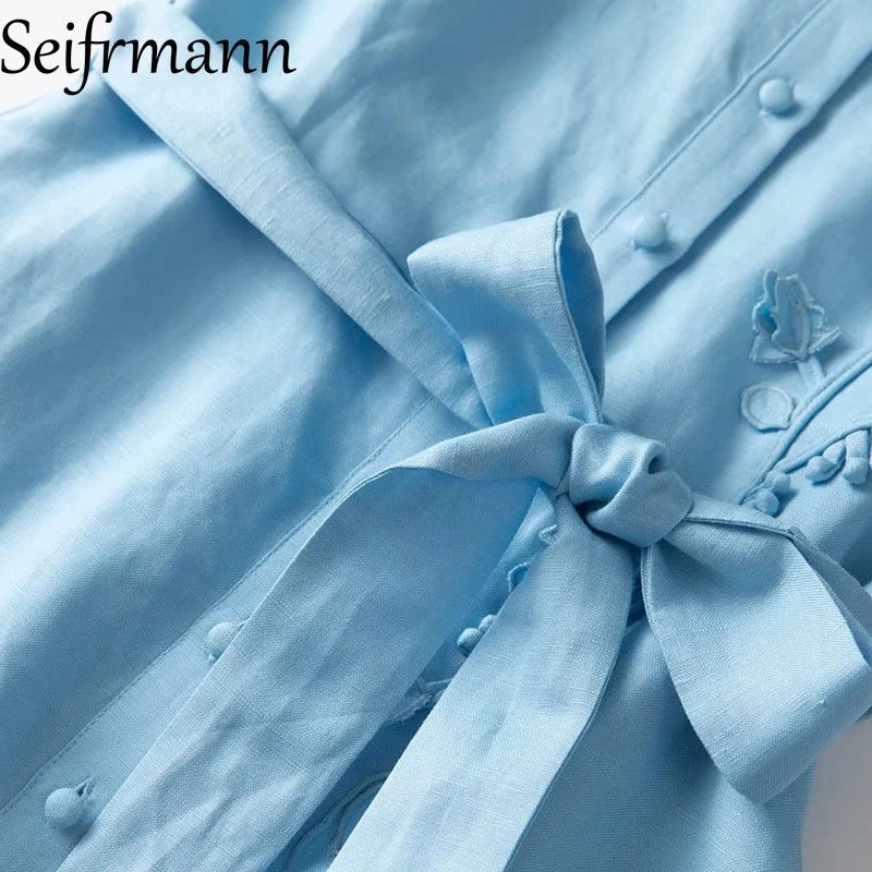 Nouvelle robe longue femme tendance été 2026 Seifrmann à revers, manches courtes, simple boutonnage, avec ceinture et taille cintrée