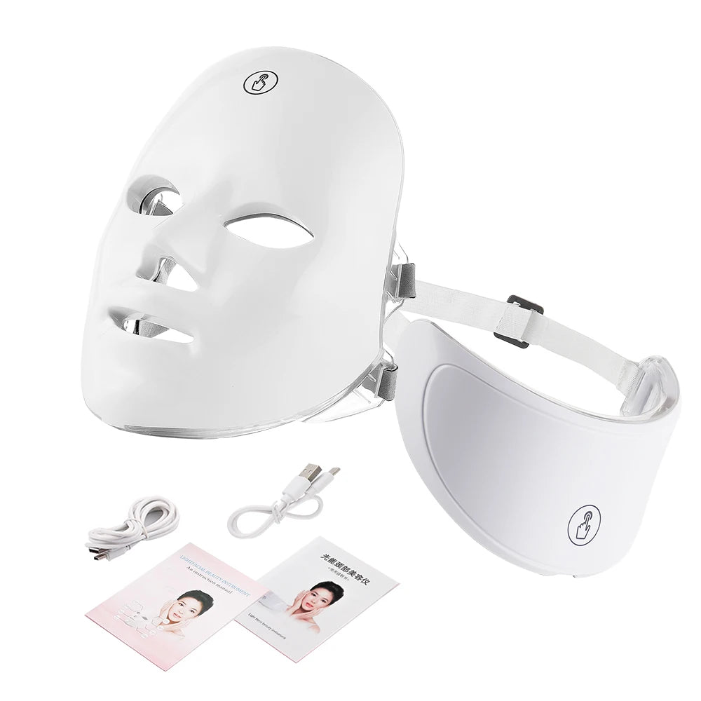 Machine de beauté pour le visage et le cou, masque facial LED et masque de cou à photothérapie avec 7 couleurs et masseur de soin de la peau.