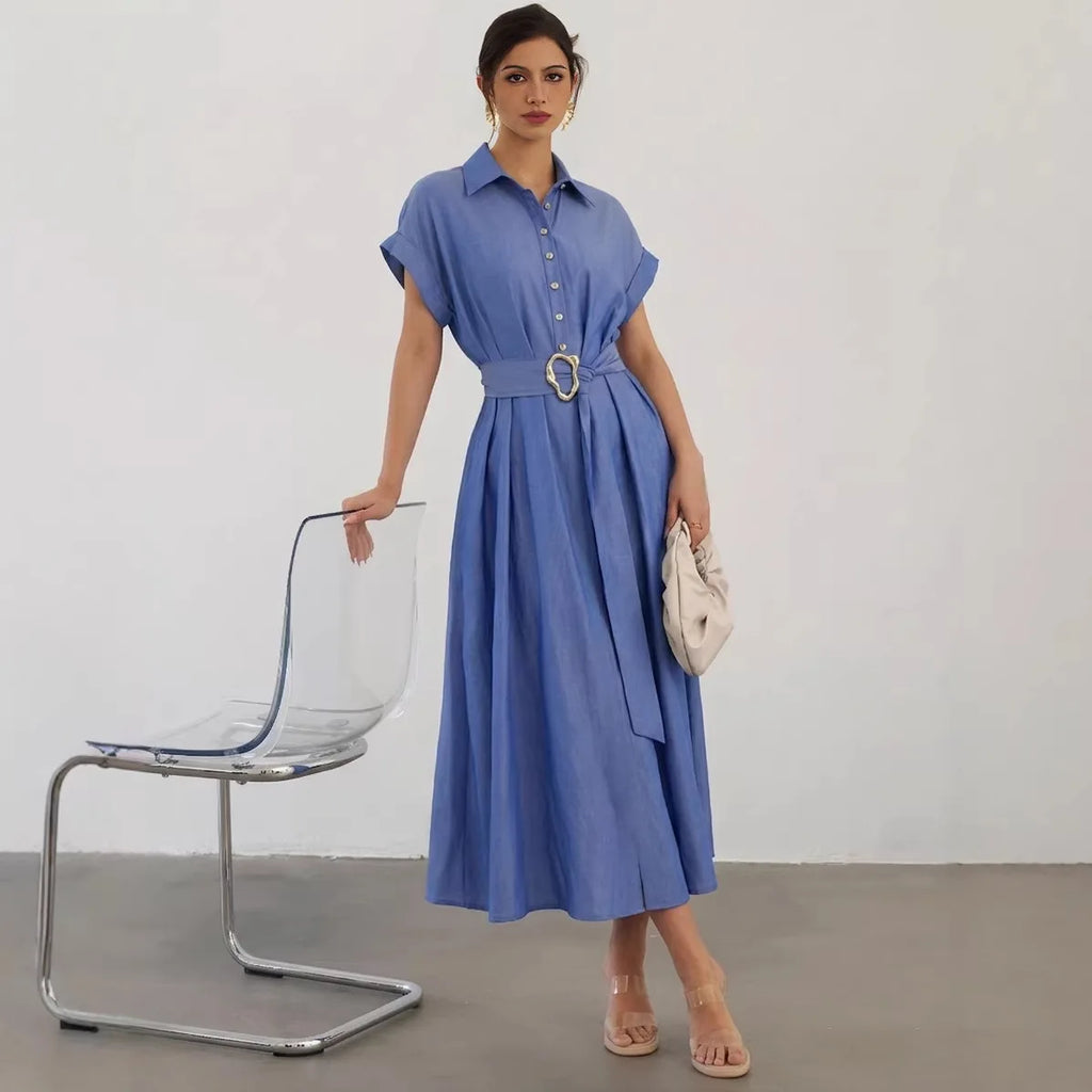 Longue robe chemise pour femme, coupe trapèze, style streetwear Y2K, manches courtes, élégante, de soirée ou décontractée, ample avec taille cintrée, pour le travail (2026) ».