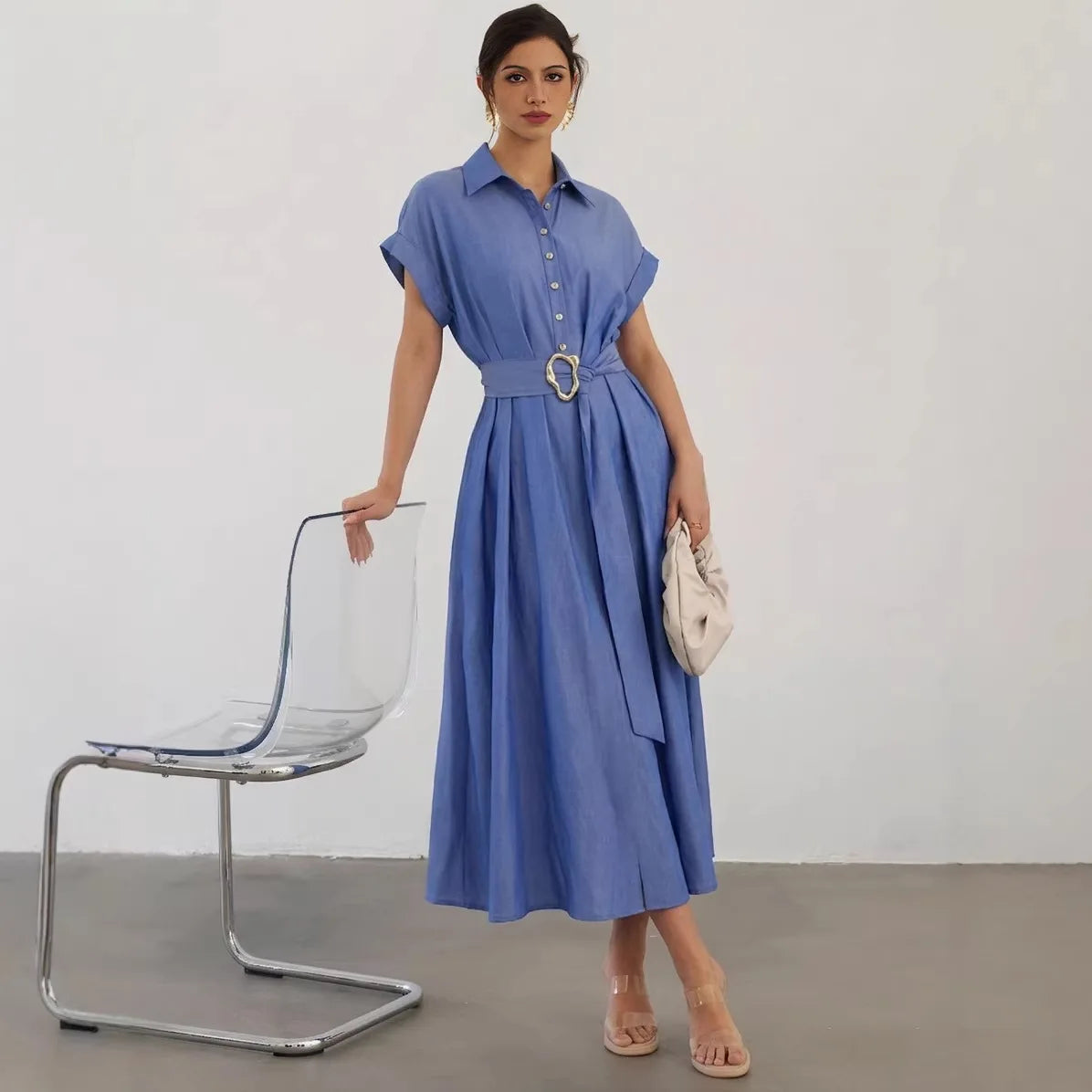 Longue robe chemise pour femme, coupe trapèze, style streetwear Y2K, manches courtes, élégante, de soirée ou décontractée, ample avec taille cintrée, pour le travail (2026) ».