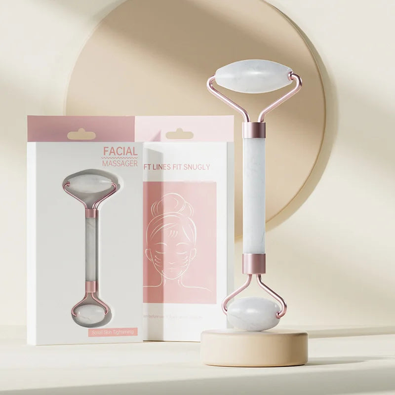 Rouleau de massage pour le visage et le cou et planche Gua Sha en résine (imitation jade ou cristal, non rose) - Outils de soin pour la peau à double embout.