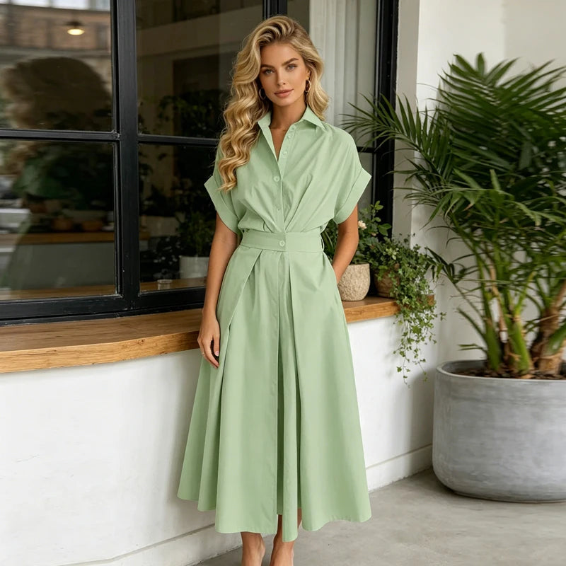 Robe longue d'été pour femme, nouvelle mode, couleur unie, manches courtes, robe de plage et de vacances, élégante, taille haute et coupe ajustée.