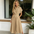 Robe longue d'été pour femme, nouvelle mode, couleur unie, manches courtes, robe de plage et de vacances, élégante, taille haute et coupe ajustée.