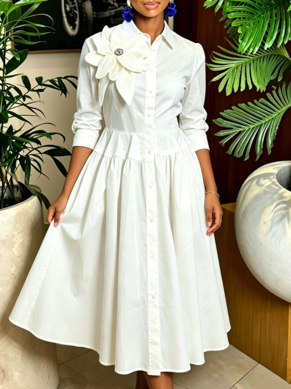 Robe chemisier longue pour femme, coupe trapèze, style streetwear Y2K, col rabattu, manches longues, à fleurs, élégante, pour soirée, été 2026.