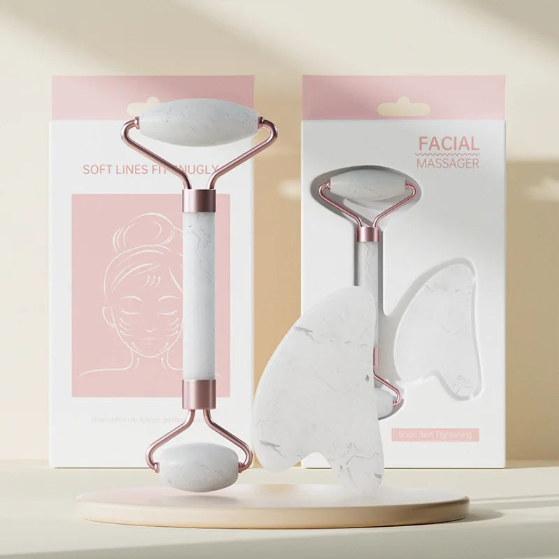 Rouleau de massage pour le visage et le cou et planche Gua Sha en résine (imitation jade ou cristal, non rose) - Outils de soin pour la peau à double embout.
