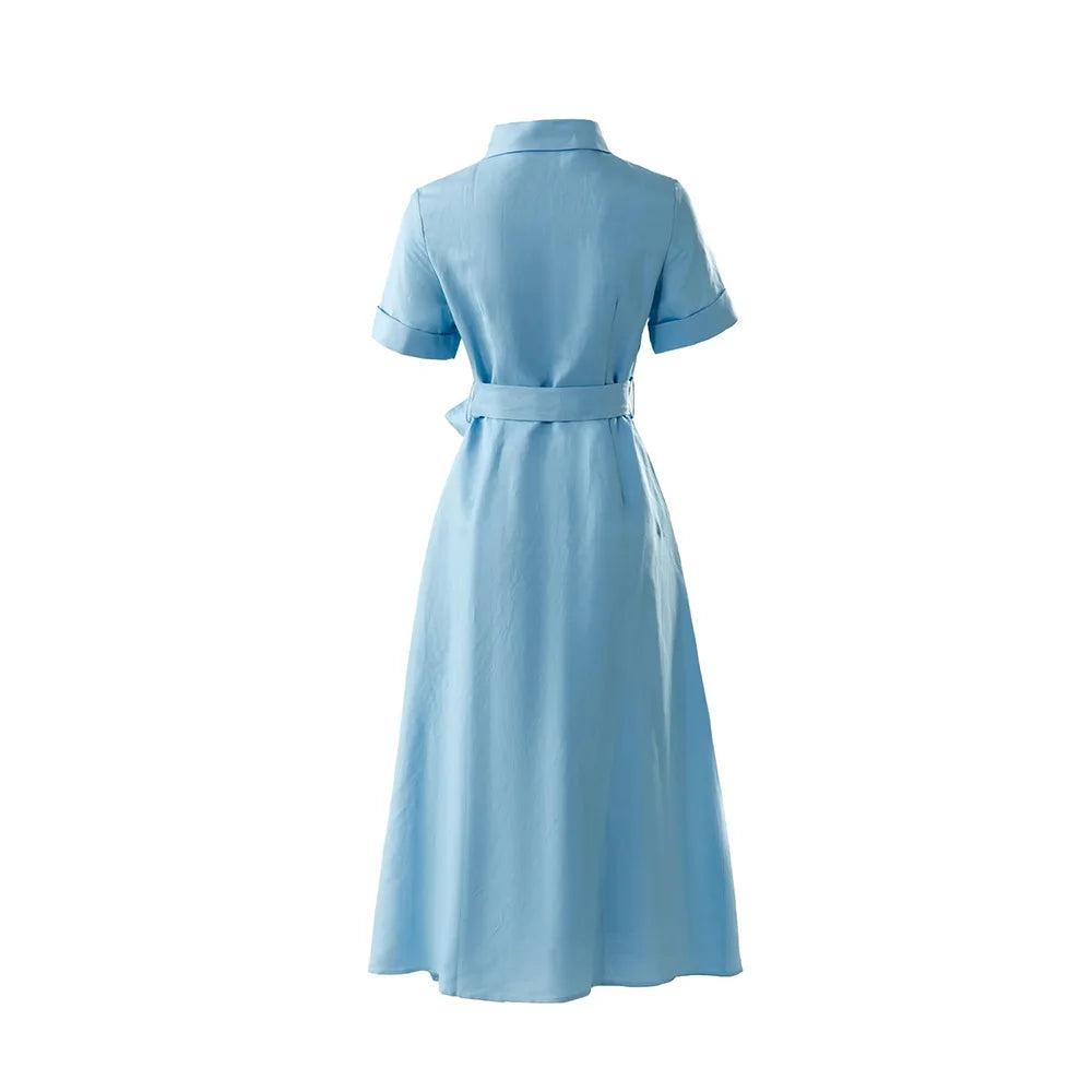 Robe longue pour femme au style élégant français, col polo, manches courtes, fleurs 3D, simple-boutonnage, taille haute avec nœud et lacets (Collection Printemps 2026)