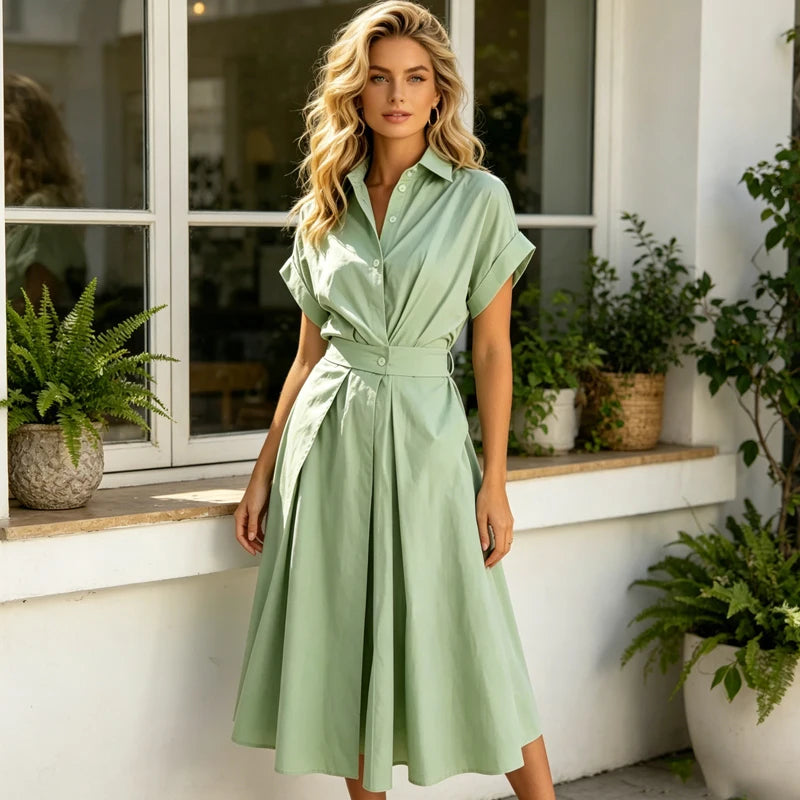 Robe longue d'été pour femme, nouvelle mode, couleur unie, manches courtes, robe de plage et de vacances, élégante, taille haute et coupe ajustée.