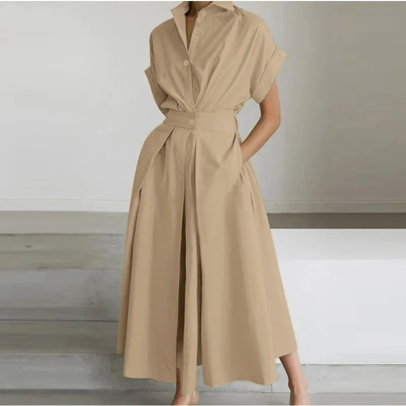 Robe longue pour femme unie, tendance, d'été à manches courtes, coupe trapèze, boutonnée, taille cintrée, ample, élégante et polyvalente pour le quotidien ou une fête. »