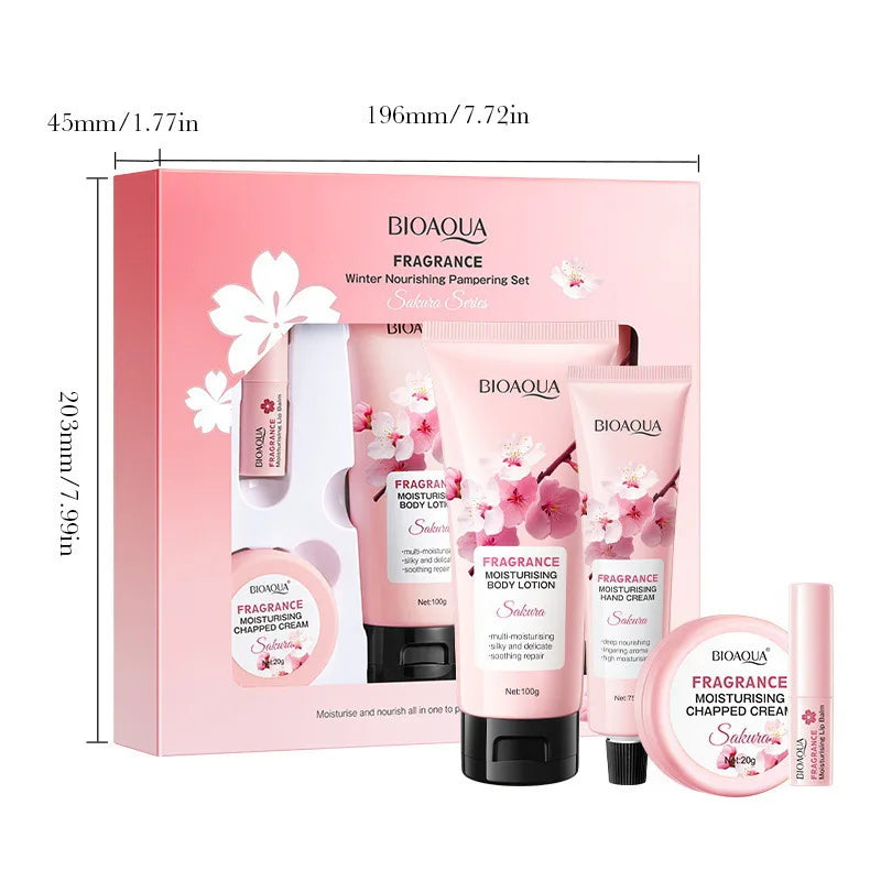 « Lot de 4 pièces BIOAQUA Set de soins de la peau à la fleur de cerisier (Sakura) : crème hydratante pour le corps, crème pour les mains, baume à lèvres, lotion corporelle, kit de soins anti-âge pour la peau. »