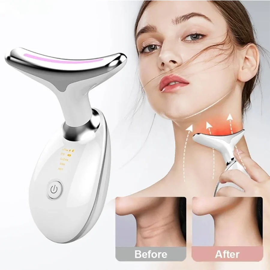 1pièce d'appareil de beauté pour le visage et le cou à impulsions intenses, outil raffermissant et anti-rides, masseur visage et cou rechargeable à LED tricolore.
