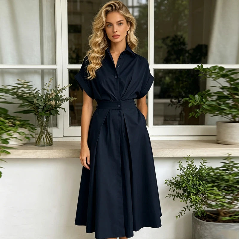 Robe longue d'été pour femme, nouvelle mode, couleur unie, manches courtes, robe de plage et de vacances, élégante, taille haute et coupe ajustée.
