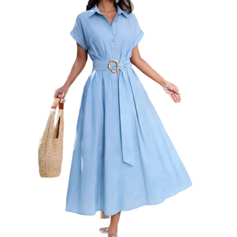 Longue robe chemise pour femme, coupe trapèze, style streetwear Y2K, manches courtes, élégante, de soirée ou décontractée, ample avec taille cintrée, pour le travail (2026) ».