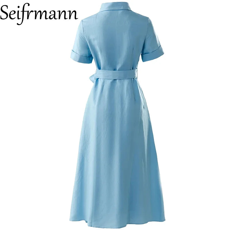 Nouvelle robe longue femme tendance été 2026 Seifrmann à revers, manches courtes, simple boutonnage, avec ceinture et taille cintrée