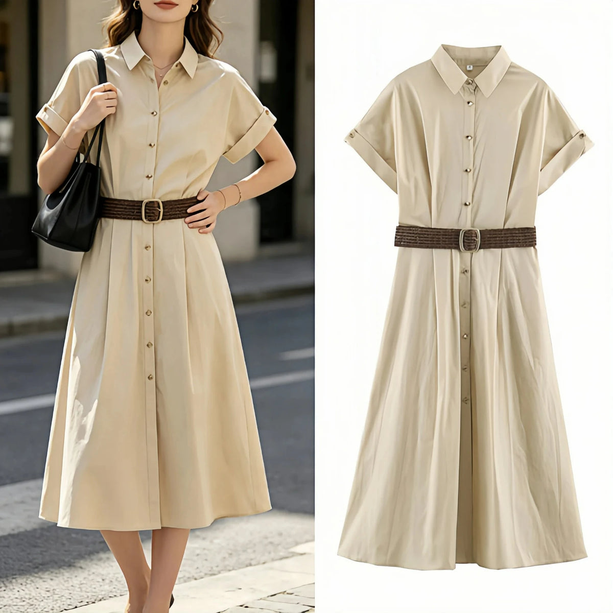 Robe chemise d'été plissée à taille haute et coupe ajustée, avec ceinture, manches courtes, style trapèze et look de bureau décontracté pour femme.