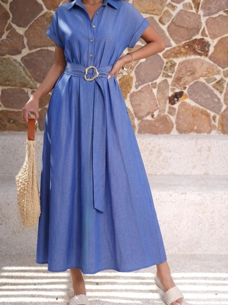 Longue robe chemise pour femme, coupe trapèze, style streetwear Y2K, manches courtes, élégante, de soirée ou décontractée, ample avec taille cintrée, pour le travail (2026) ».