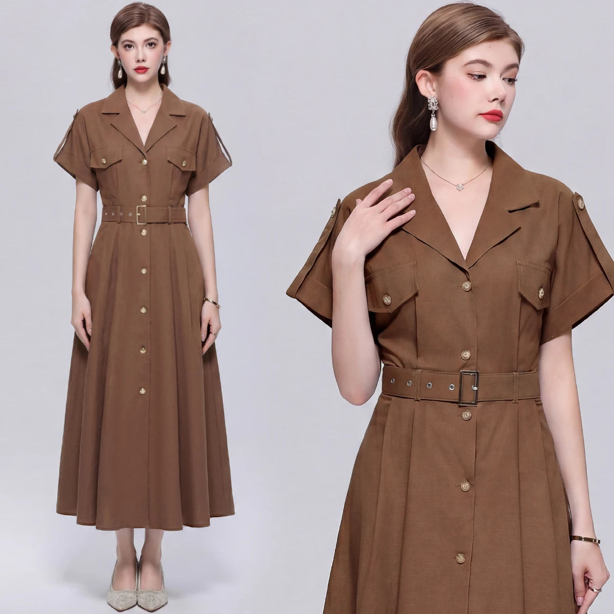 Robe chemise longue et unie pour femme, style estival, élégante, à manches courtes, ceinturée, coupe trapèze, idéale pour les vacances, la plage ou un style décontracté. »