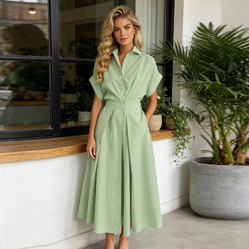Robe longue d'été pour femme, nouvelle mode, couleur unie, manches courtes, robe de plage et de vacances, élégante, taille haute et coupe ajustée.
