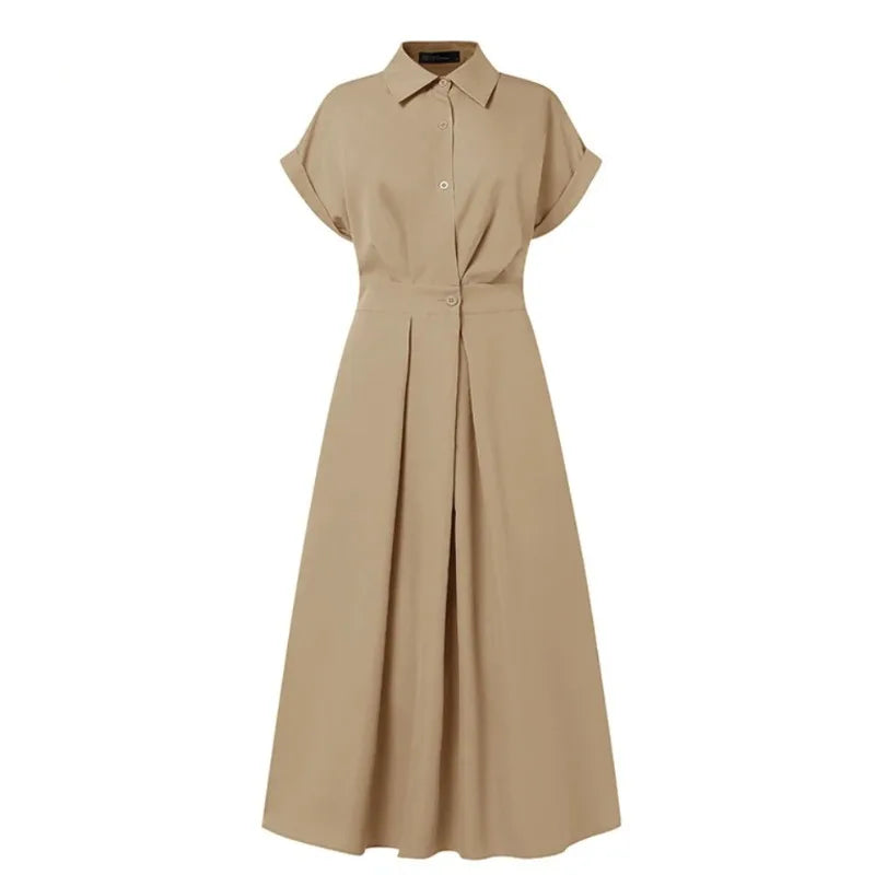 Robe longue d'été pour femme, nouvelle mode, couleur unie, manches courtes, robe de plage et de vacances, élégante, taille haute et coupe ajustée.