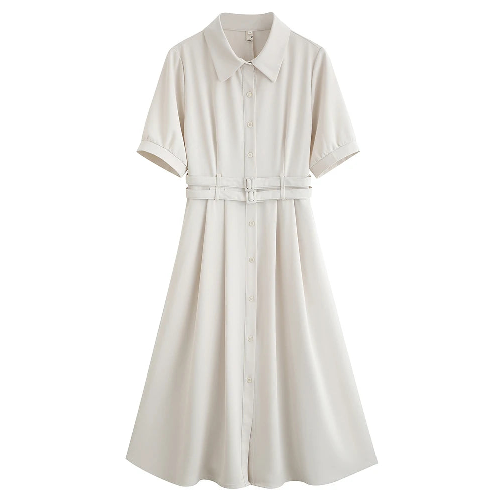 Élégante robe blanche cintrée pour femmes, style chemise, pour occasion formelle d'été, fermeture à un seul bouton, manches courtes. »