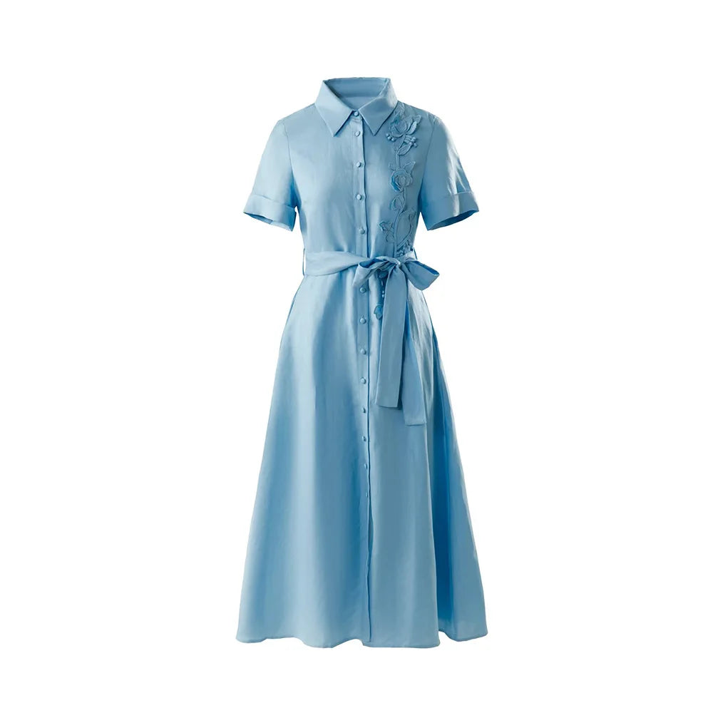 Robe longue pour femme au style élégant français, col polo, manches courtes, fleurs 3D, simple-boutonnage, taille haute avec nœud et lacets (Collection Printemps 2026)