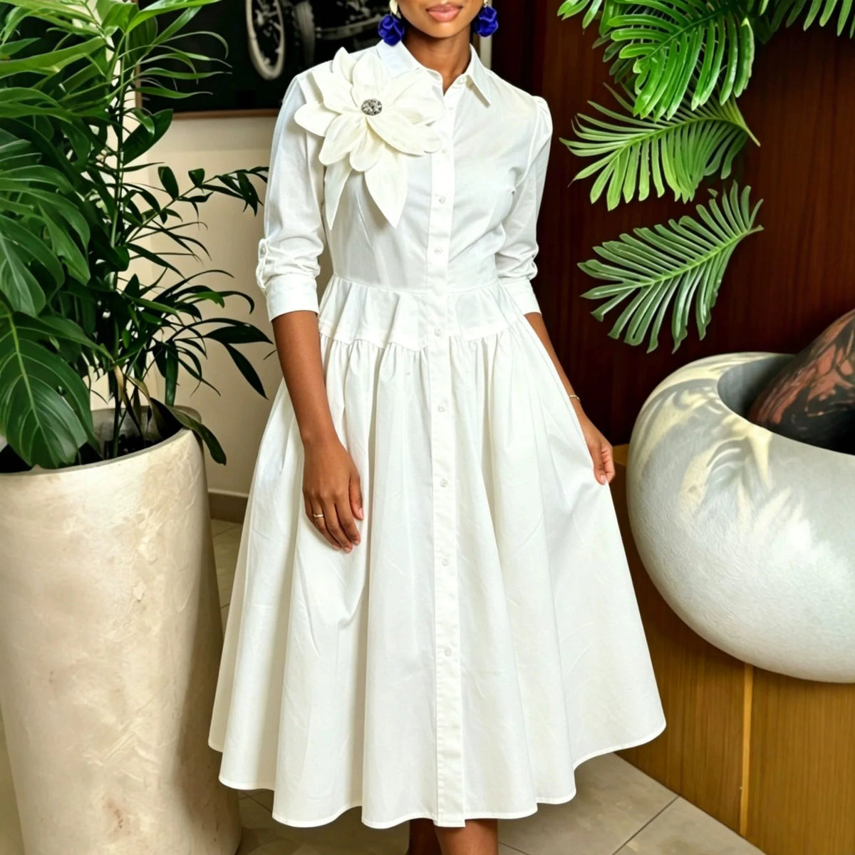 Robe chemisier longue pour femme, coupe trapèze, style streetwear Y2K, col rabattu, manches longues, à fleurs, élégante, pour soirée, été 2026.