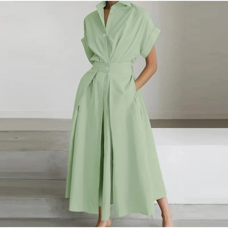 Robe longue chic unie pour femme, nouvelle collection, style décontracté, élégante, polyvalente, pour le quotidien ou les fêtes, manches courtes d'été, coupe trapèze (A-line), boutons, taille cintrée et coupe ample.