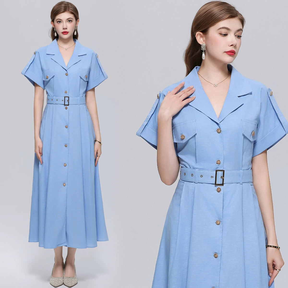 Robe chemise longue et unie pour femme, style estival, élégante, à manches courtes, ceinturée, coupe trapèze, idéale pour les vacances, la plage ou un style décontracté. »