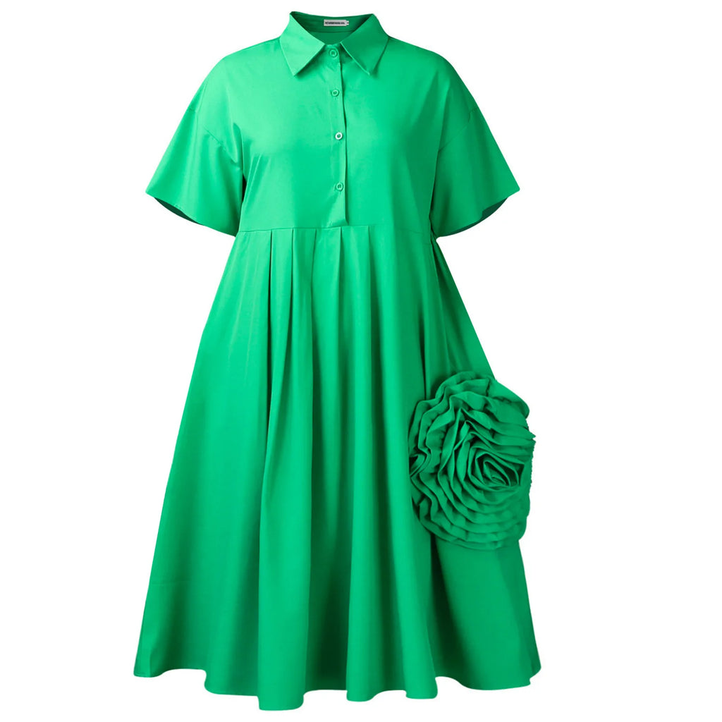 Robe midi chemise à manches courtes pour femme avec col, décor floral 3D, coupe ample et évasée, style décontracté et de bureau.