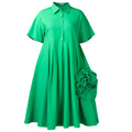 Robe midi chemise à manches courtes pour femme avec col, décor floral 3D, coupe ample et évasée, style décontracté et de bureau.