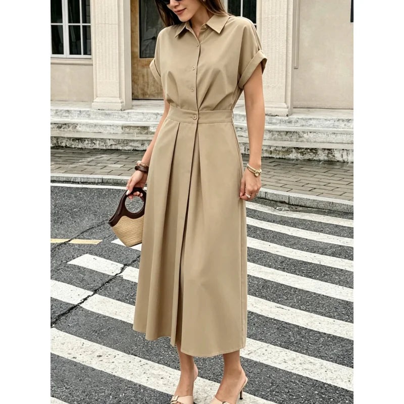 Robe longue chic unie pour femme, nouvelle collection, style décontracté, élégante, polyvalente, pour le quotidien ou les fêtes, manches courtes d'été, coupe trapèze (A-line), boutons, taille cintrée et coupe ample.