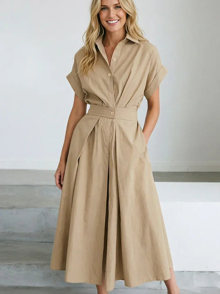 Robe longue chic unie pour femme, nouvelle collection, style décontracté, élégante, polyvalente, pour le quotidien ou les fêtes, manches courtes d'été, coupe trapèze (A-line), boutons, taille cintrée et coupe ample.