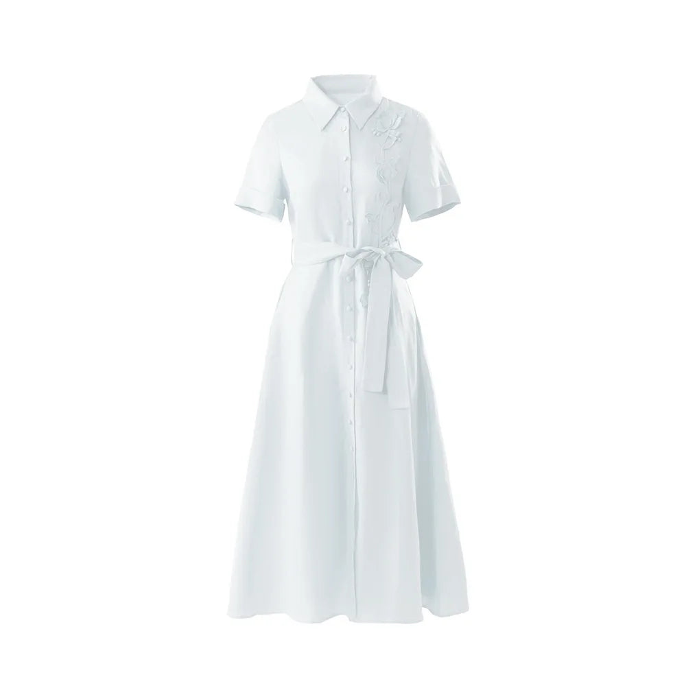 Robe longue pour femme au style élégant français, col polo, manches courtes, fleurs 3D, simple-boutonnage, taille haute avec nœud et lacets (Collection Printemps 2026)