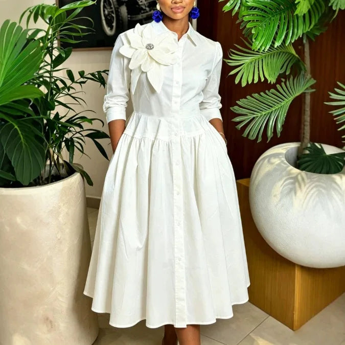 Robe chemisier longue pour femme, coupe trapèze, style streetwear Y2K, col rabattu, manches longues, à fleurs, élégante, pour soirée, été 2026.
