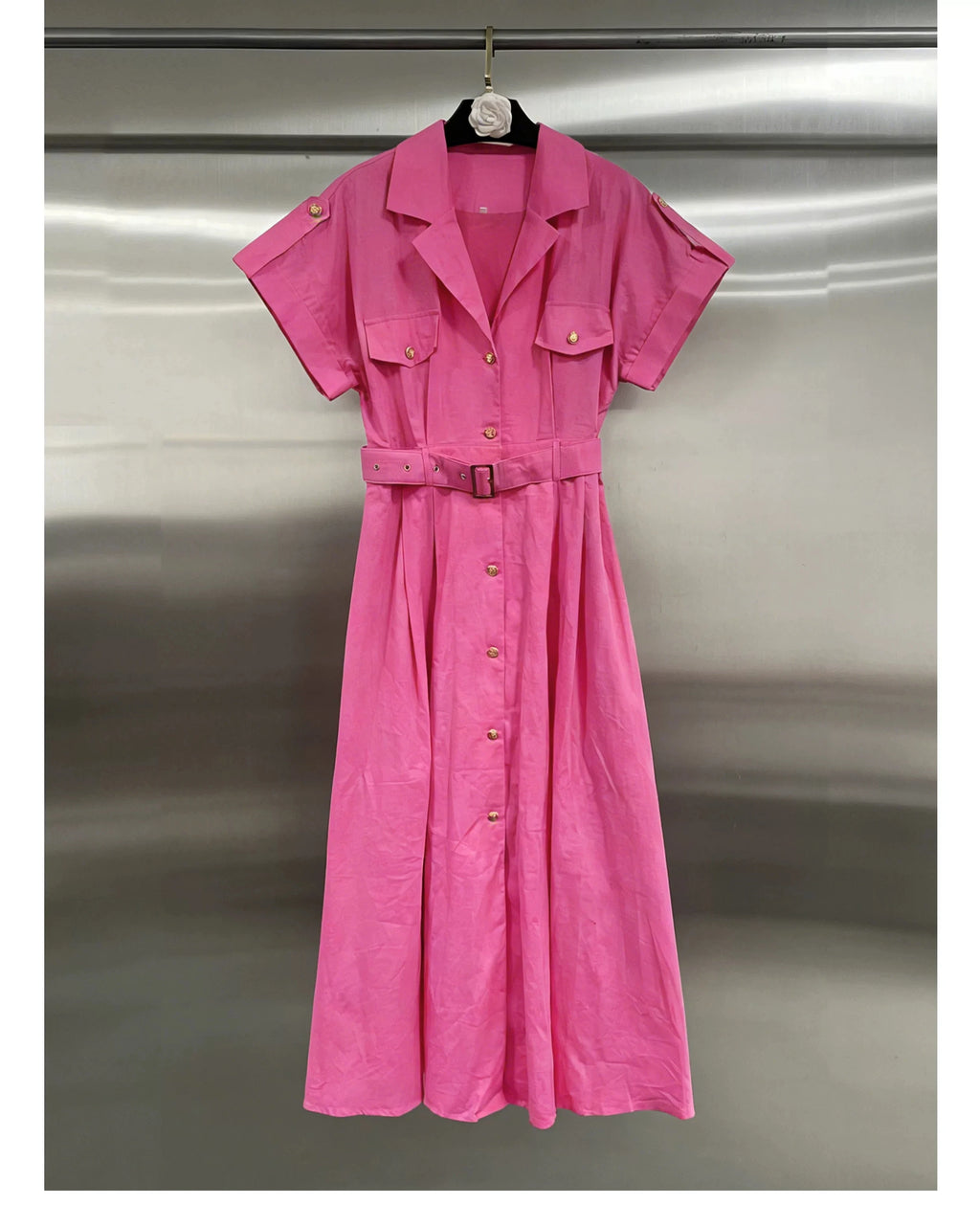 Robe chemise longue et unie pour femme, style estival, élégante, à manches courtes, ceinturée, coupe trapèze, idéale pour les vacances, la plage ou un style décontracté. »