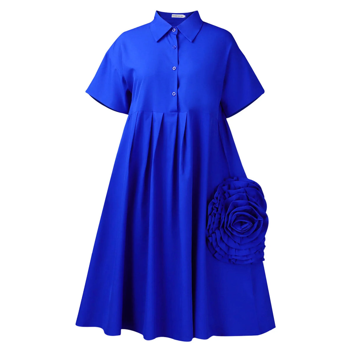 Robe midi chemise à manches courtes pour femme avec col, décor floral 3D, coupe ample et évasée, style décontracté et de bureau.