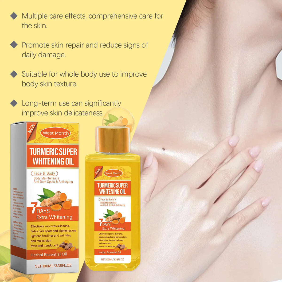 Huile corporelle au curcuma — Soin illuminateur et hydratant, formule légère et non grasse pour un teint unifié et une peau douce.