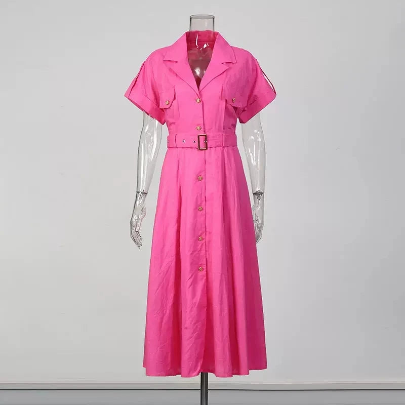Robe chemise longue et unie pour femme, style estival, élégante, à manches courtes, ceinturée, coupe trapèze, idéale pour les vacances, la plage ou un style décontracté. »