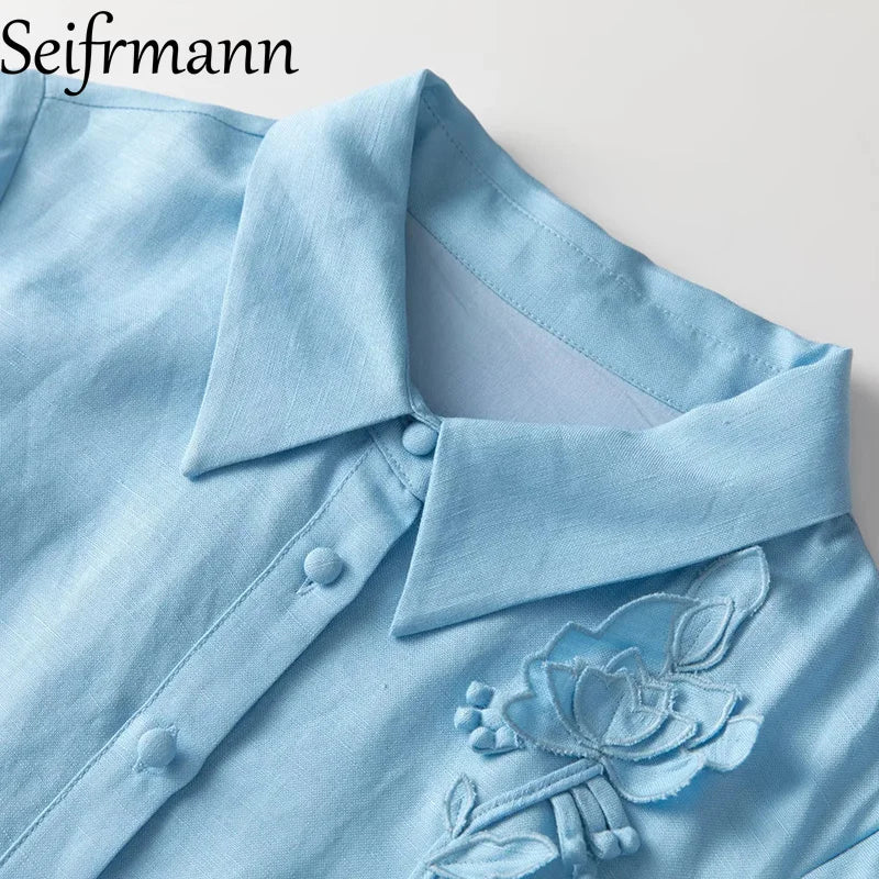 Nouvelle robe longue femme tendance été 2026 Seifrmann à revers, manches courtes, simple boutonnage, avec ceinture et taille cintrée