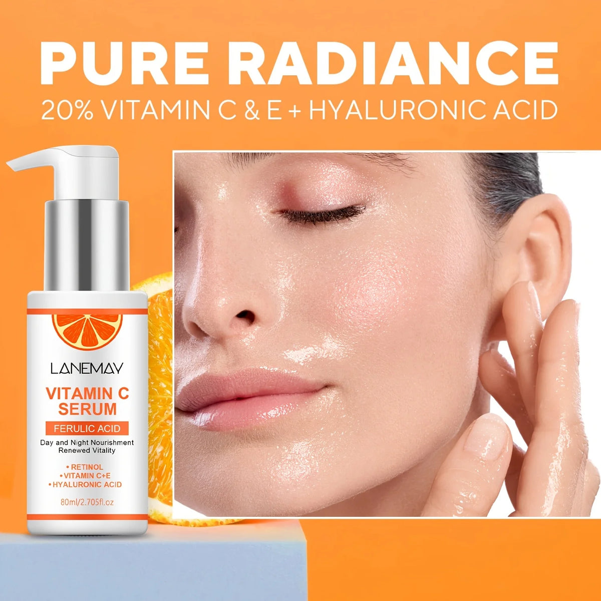 Sérum à la vitamine C avec acide férulique et acide hyaluronique – Hydrate et repulpe la peau, restaure l'éclat, améliore la peau terne.