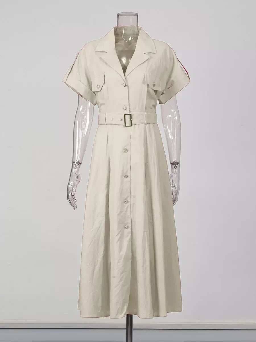 Robe chemise longue et unie pour femme, style estival, élégante, à manches courtes, ceinturée, coupe trapèze, idéale pour les vacances, la plage ou un style décontracté. »