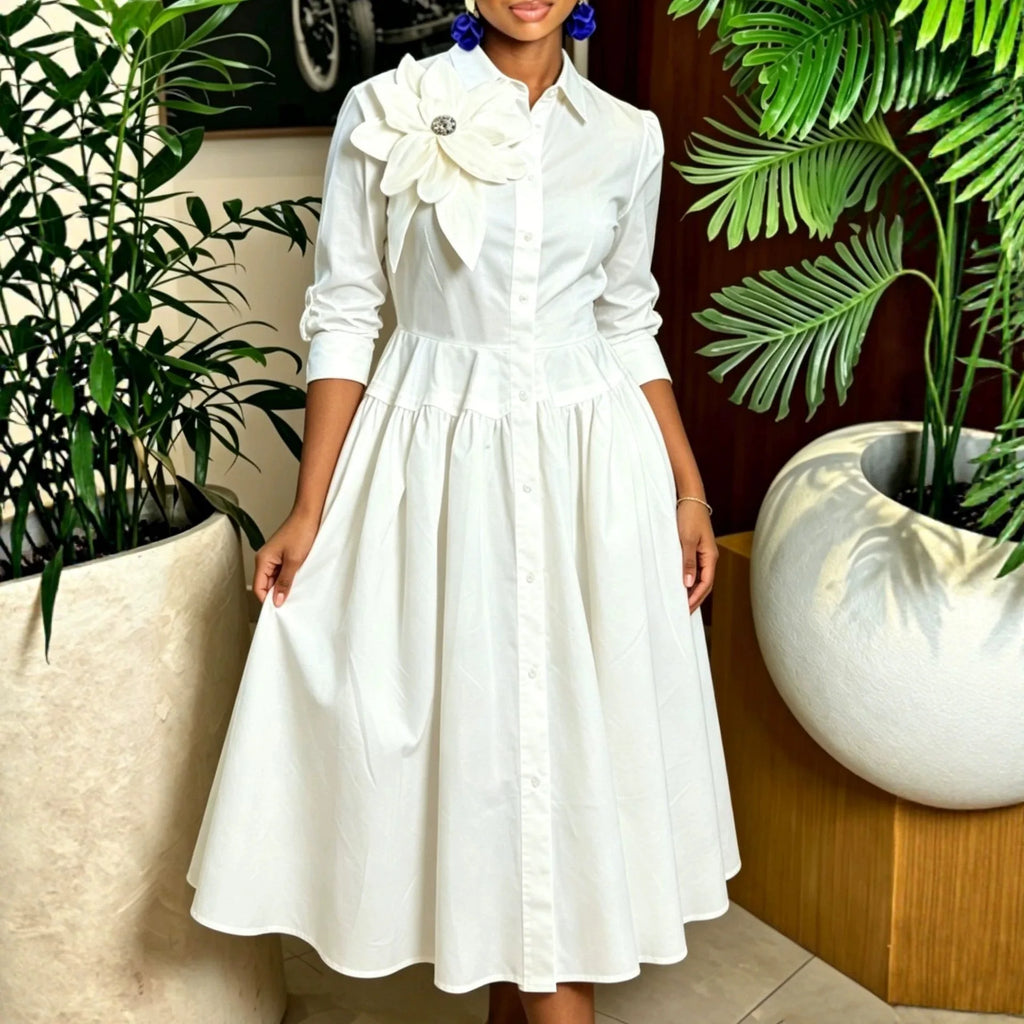 Robe chemisier longue pour femme, coupe trapèze, style streetwear Y2K, col rabattu, manches longues, à fleurs, élégante, pour soirée, été 2026.