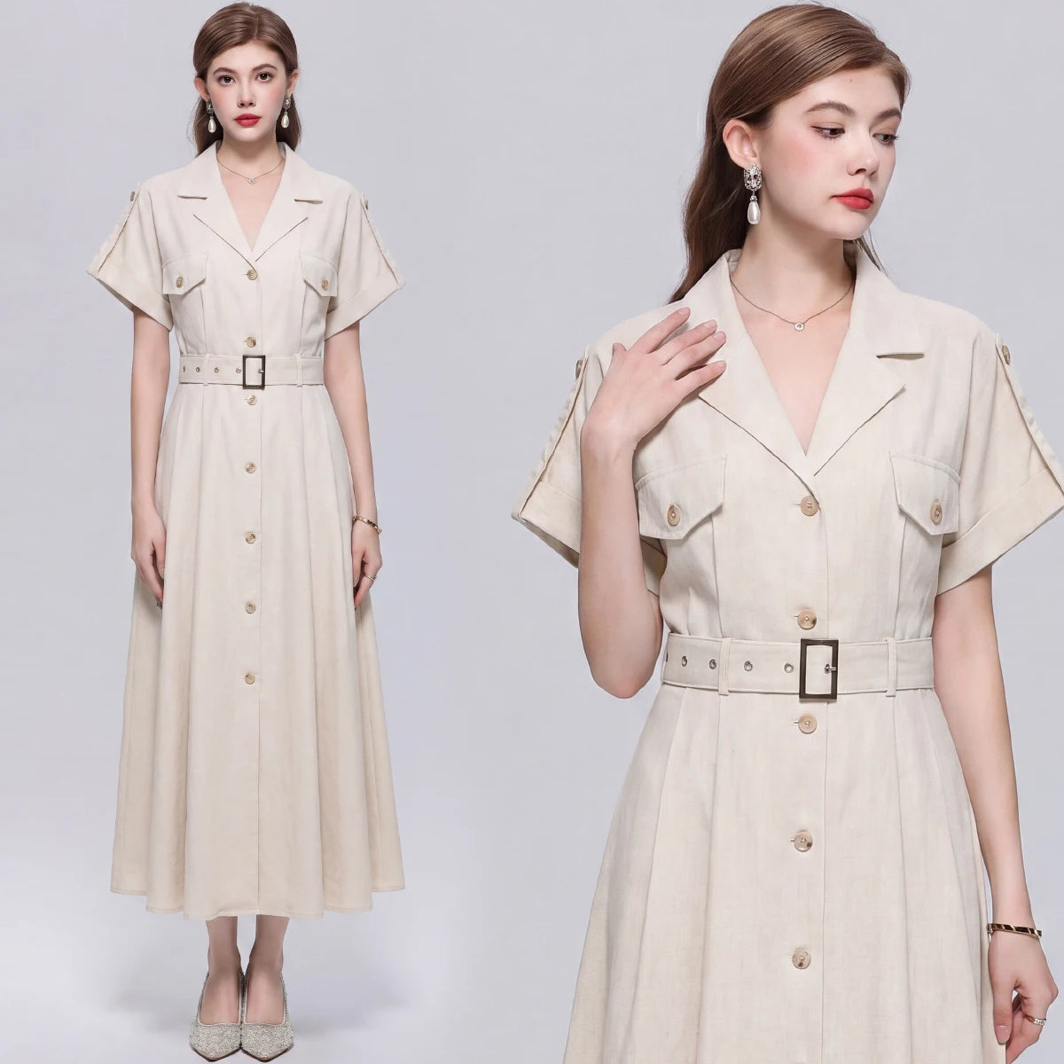 Robe chemise longue et unie pour femme, style estival, élégante, à manches courtes, ceinturée, coupe trapèze, idéale pour les vacances, la plage ou un style décontracté. »